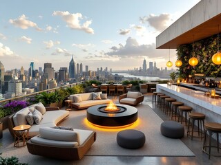 Luxurious Rooftop Terrace with City Skyline at Night
