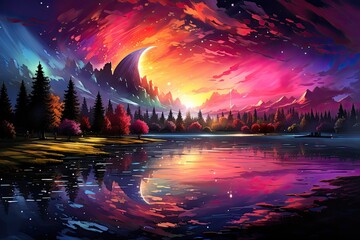 Obraz premium Vibrant, colorful, digital painting of a serene lake reflecting a dramatic, colorful sunrise/sunset over a mountainous landscape with trees and a crescent moon.