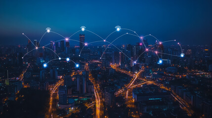 Fototapeta premium Smart digital Innovation city with connection network reciprocity over the cityscape. of future smart wireless city and social media networking systems that connects business people with in city