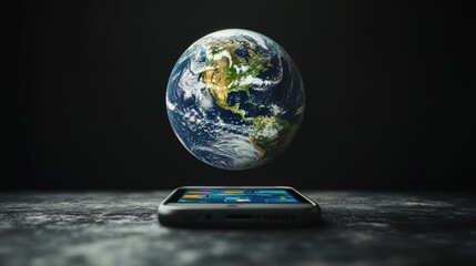 a black background. In the foreground, there is a smartphone lying flat, displaying a simple interface. Above the phone, a three-dimensional representation of the Earth is suspended in mid-air