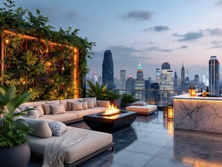 Luxurious Rooftop Terrace with City Skyline at Night