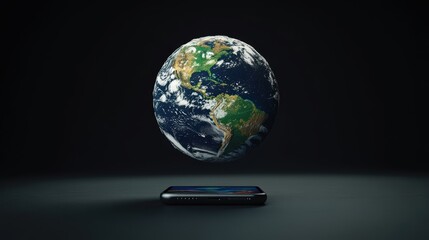 a black background. In the foreground, there is a smartphone lying flat, displaying a simple interface. Above the phone, a three-dimensional representation of the Earth is suspended in mid-air