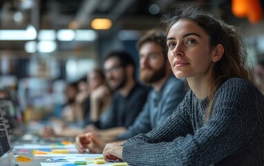 Focused team data processing office listening intently during a productive meeting, collaborative brainstorming session in a modern workspace. Engaging discussion unfolds.