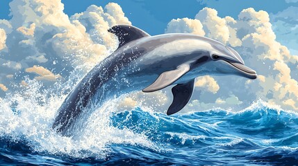 Obraz premium Playful vector illustration of a dolphin jumping out of the water ideal for marine and nature themes