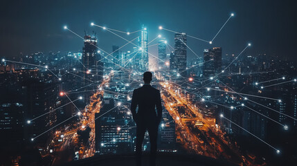 Fototapeta premium Smart digital Innovation city with connection network reciprocity over the cityscape. of future smart wireless city and social media networking systems that connects business people with in city