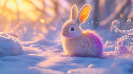 A rabbit with a pink nose and pink ears sits in the snow