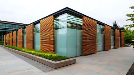 Obraz premium Modern Glass & Wood Building Exterior - Sustainable architecture