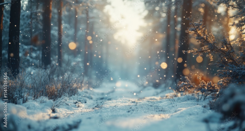 Aufkleber serene winter forest path with soft snowflakes and glowing lights amidst the frosty trees in a beaut