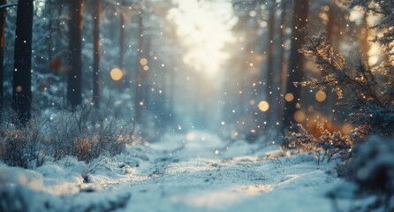 Serene Winter Forest Path with Soft Snowflakes and Glowing Lights Amidst the Frosty Trees in a Beautiful Nature Setting
