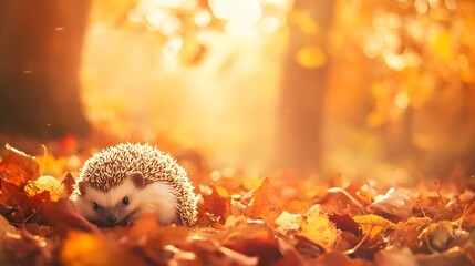 Obraz premium Adorable Hedgehog Amidst Autumn Leaves Golden Sunlight