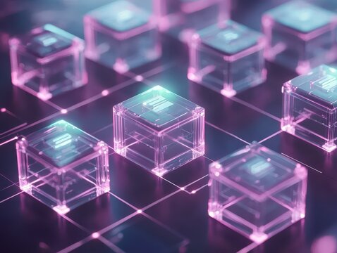 A futuristic arrangement of translucent keyboard keys glowing in pink light, set against a digital grid background. - Powered by Adobe