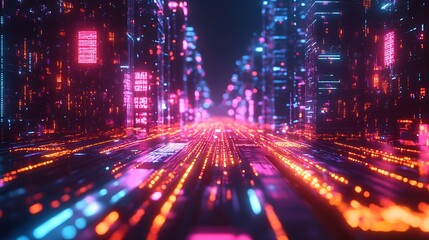 Obraz premium Futuristic Cityscape Neon Lights Glowing Digital Architecture