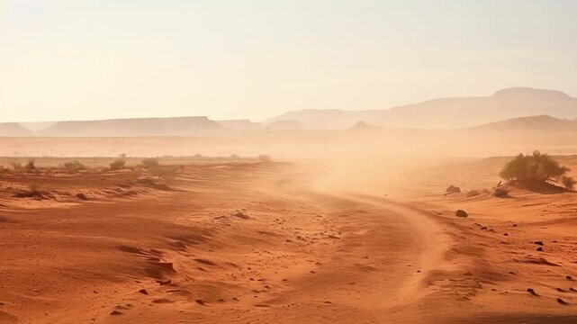 Sand blows across a desert road in wadi rum, jordan, creating a hazy effect under the hot sun. The arid landscape offers a unique travel experience in nature