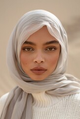 Fototapeta premium A headshot of fashion photoshot of beautiful woman model wearing gray hijab