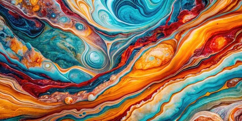 Aerial drone shot reveals vibrant swirling marble textures, a high-resolution abstract pattern.