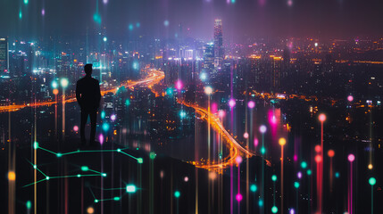 Fototapeta premium Smart digital Innovation city with connection network reciprocity over the cityscape. of future smart wireless city and social media networking systems that connects business people with in city