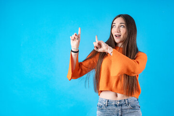 Young person expressing various emotions and body pains, pointing, using a cellphone, with colored...