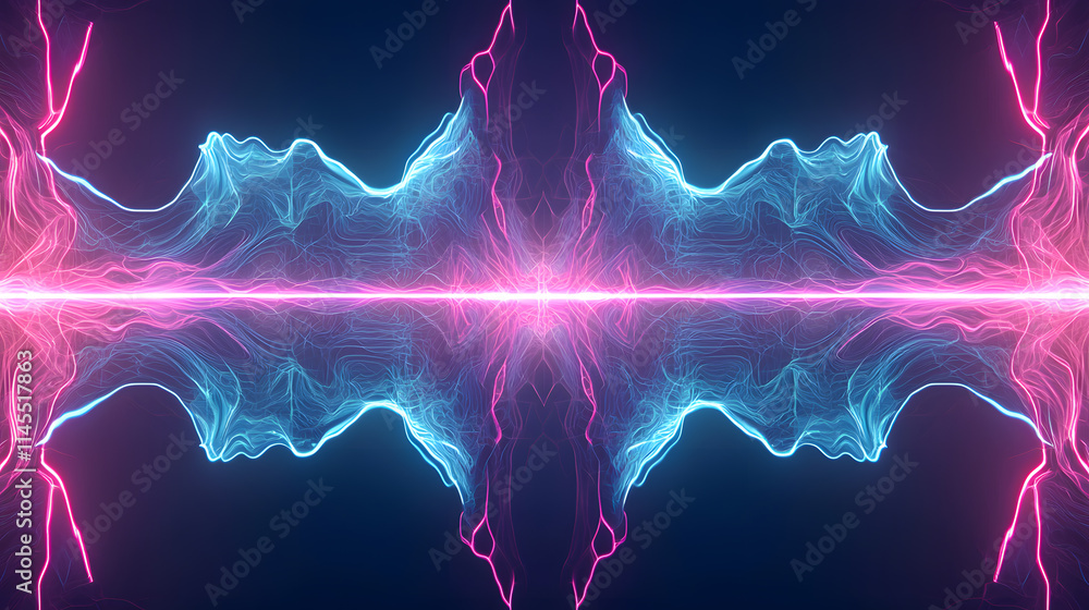 Poster dynamic electric wave patterns abstract art digital rendering neon colors symmetrical view modern ae