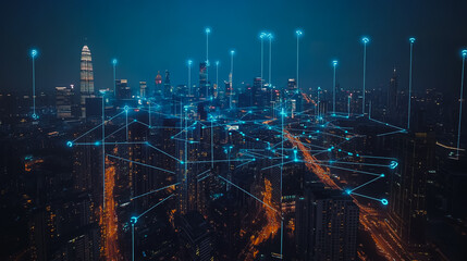 Fototapeta premium Smart digital Innovation city with connection network reciprocity over the cityscape. of future smart wireless city and social media networking systems that connects business people with in city