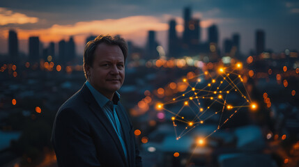 Fototapeta premium Smart digital Innovation city with connection network reciprocity over the cityscape. of future smart wireless city and social media networking systems that connects business people with in city