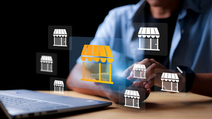 Business sale growth and expand shop franchise concept, Store connection link with others shop and...