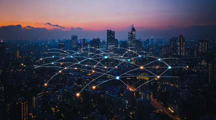 Fototapeta premium Smart digital Innovation city with connection network reciprocity over the cityscape. of future smart wireless city and social media networking systems that connects business people with in city