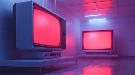 Playful vector illustration of two retro televisions with antennas set on a modern white table in a futuristic room both screens glowing in pure white for a sleek design