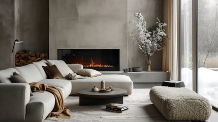 Winter-ready modern living room with a neutral palette, an electric fireplace, and layered textures like velvet, wool, and linen.