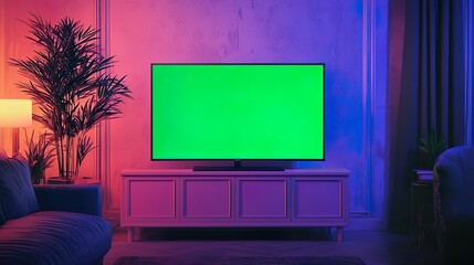 Dim-lit living room with green screen display TV 