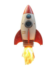 vibrant red cartoon style rocket ship with flames, ready for launch