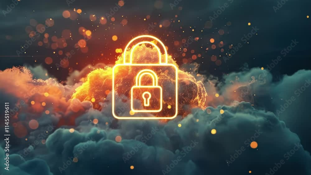 Poster glowing padlock symbolizes cloud computing security, safeguarding data within a vibrant, particle fi