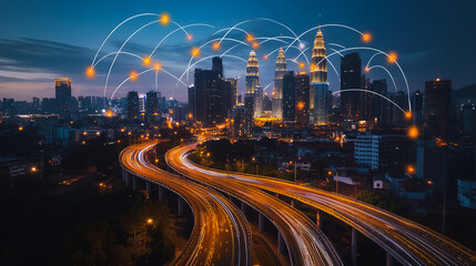 Fototapeta premium Smart digital Innovation city with connection network reciprocity over the cityscape. of future smart wireless city and social media networking systems that connects business people with in city
