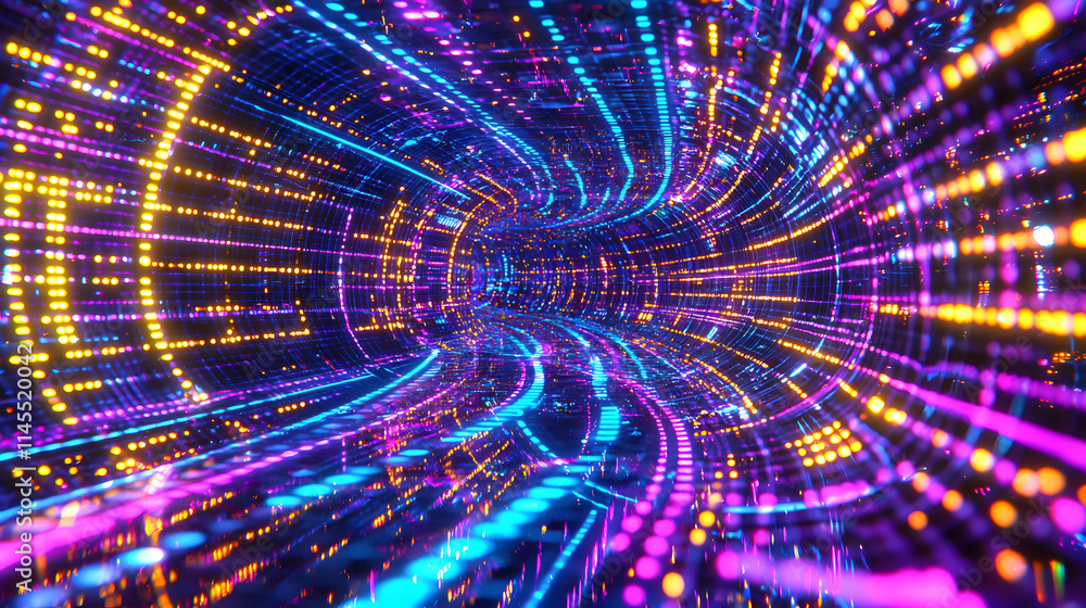 Poster dynamic light tunnel experience virtual space digital art futuristic environment immersive viewpoint