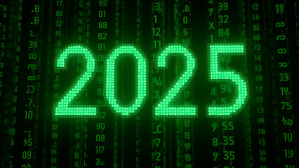 2025 letters in the matrix green coding screen style, illustration.