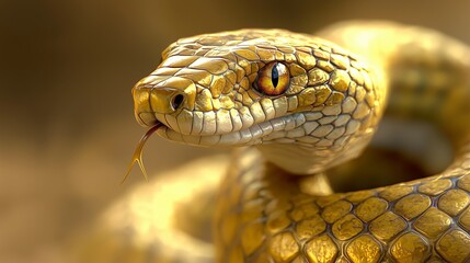 Fototapeta premium A close-up of a golden snake with intricate scales and striking eyes, showcasing its tongue flicking out in a natural setting.