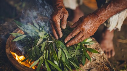 Hands preparing medicinal herbs for traditional healing in a rustic setting during daylight