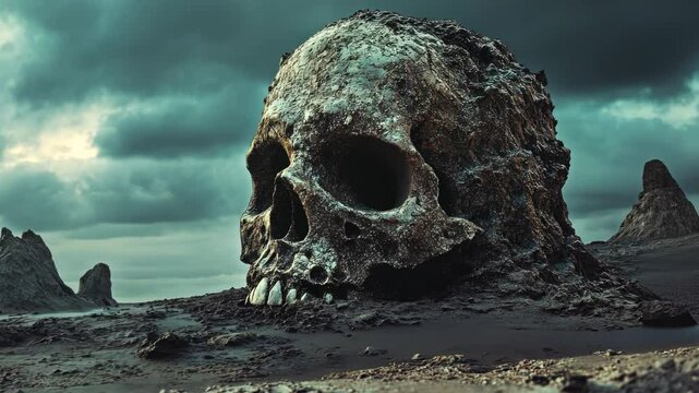Giant skull rock formation in a desolate landscape under a dramatic sky.