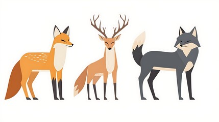 Fototapeta premium Three cartoon animals, a fox, a deer, and a wolf