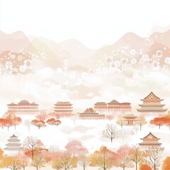 Fototapeta premium Serene Asian Temple Landscape in Misty Mountains with Cherry Blossoms