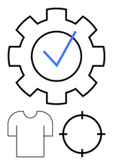 Gear with blue check mark inside, a T-shirt outline, and a target. Ideal for quality assurance, clothing design, process optimization, precision tasks, manufacturing fashion accuracy concepts. Line