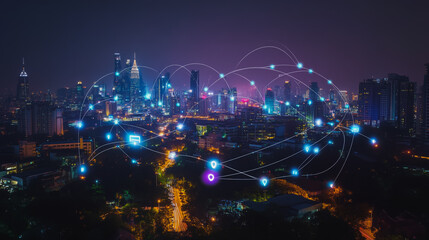 Smart digital Innovation city with connection network reciprocity over the cityscape. of future smart wireless city and social media networking systems that connects business people with in city