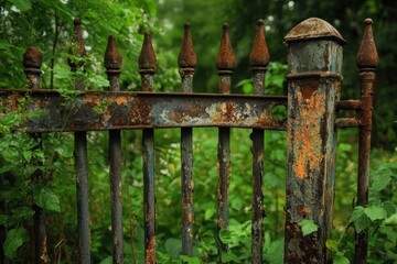 A rusty fence enclosing an overgrown garden captured in lush greenery nature photography tranquil scene artistic viewpoint exploring rust's beauty