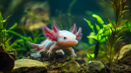 Obraz premium A White Axolotl Swims In An Aquatic Habitat