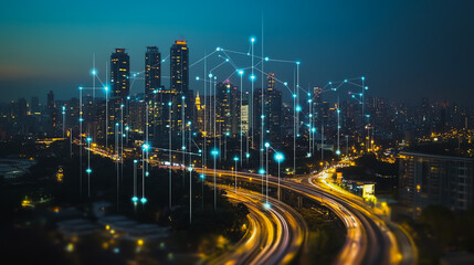 Obraz premium Smart digital Innovation city with connection network reciprocity over the cityscape. of future smart wireless city and social media networking systems that connects business people with in city