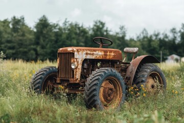 Abandoned rusty tractor in a field of wildflowers capturing the essence of nature's reclamation rustic setting depth of field perspective