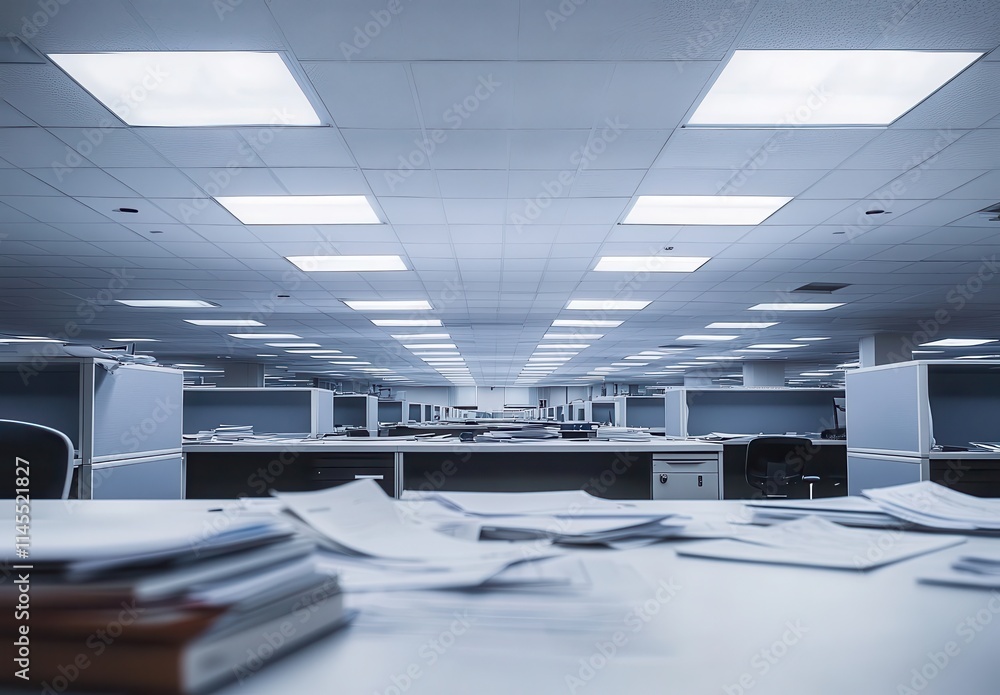 Poster spacious and minimalist office environment with cluttered desk and empty cubicles, modern workspace 