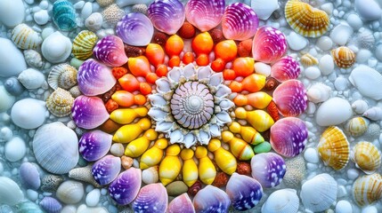 Beautiful Arrangement of Colorful Seashells and Shells in a Floral Pattern on a Soft White Background Creating a Serene Beach Decor Aesthetic