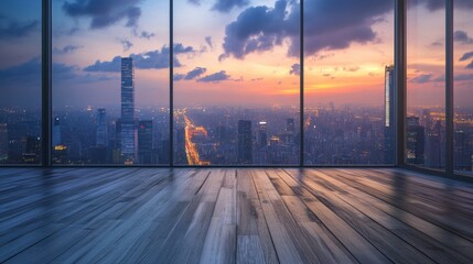 Cityscape Panorama from a Modern Office: A Stunning Sunset View