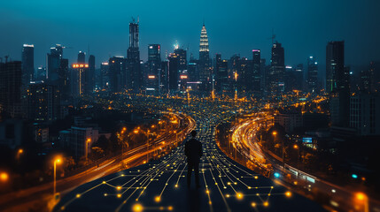 Fototapeta premium Smart digital city with connection cyber security network reciprocity over the cityscape . future smart wireless digital city and social media networking systems that connects people within the city