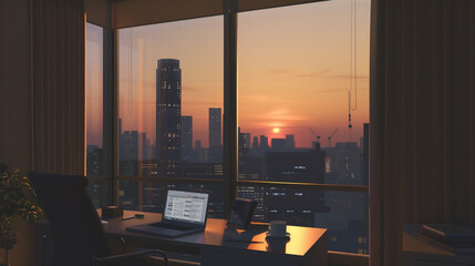 A Modern Office with a Large Window Showcasing a Cityscape at Sunrise, Symbolizing Corporate Optimism and Future Potential, Featuring a Minimalist Design with a Sleek Desk and Laptop.
